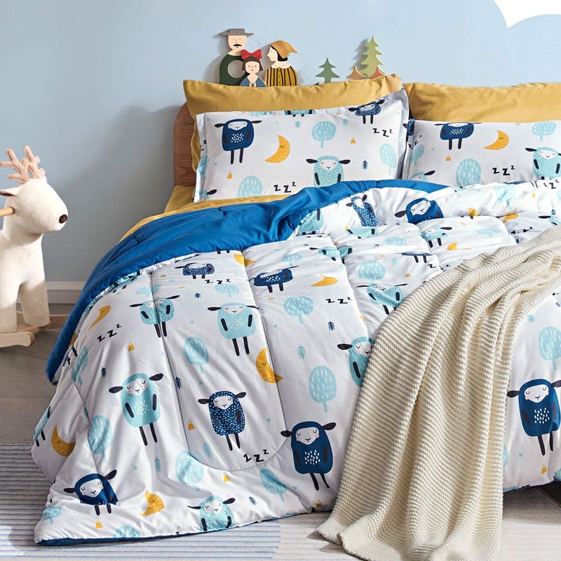 SLEEP ZONE Kids Bedding Comforter Set Full/Queen Size - Super Cute & Soft Kids Bedding Bed in a Bag 7 Pieces Set with Comforter, Sheet, Pillowcase & Sham (Blue Sheep) - Image 1